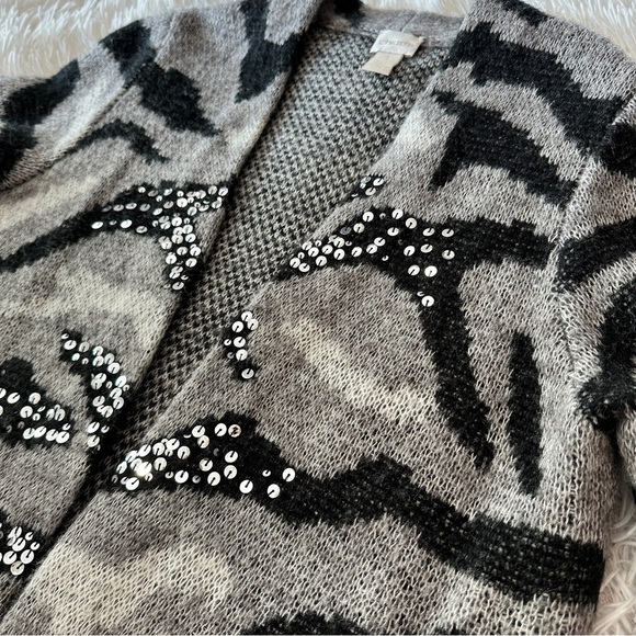 Chico’s Sequin Zebra Print Open Front Long Cardigan Sweater Size 1 (M/L) - Picture 13 of 14